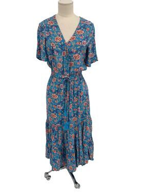 Sunday Mi Amor Dress Blue Rose Midi Short Sleeve Size XS
